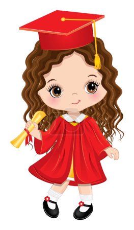 Happy cute little girl celebrating graduation. The girl is brunette with long, curly hair and hazel eyes, wearing red gown and graduation cap. Graduation girl vector illustration. 