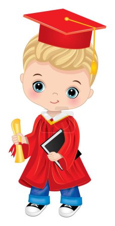 Happy cute little boy celebrating graduation. The boy is blond with hazel eyes, wearing red gown and graduation cap. Graduation boy vector illustration. 