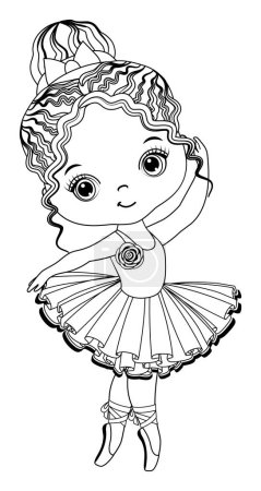 Illustration for Digital stamp ballerina clipart girl for colouring. Ballerina in black and white line art dancing, wearing tutu dress, bows and pointe shoes. Ballerina with puff. Ballerina girl vector illustration - Royalty Free Image