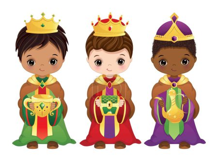 Illustration for Cute cartoon image of three wise men. Three kings wearing crowns and cloaks, holding gifts in their hands. Tres Reyes Magos vector illustration - Royalty Free Image