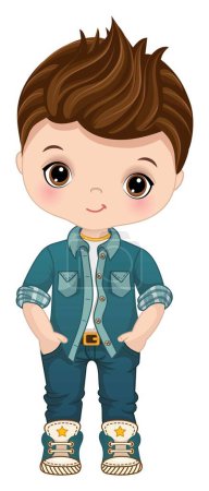 Cute toddler boy wearing denim jacket, jeans and sport keds. Cool boy is brunette with hazel eyes. Trendy boy vector illustration