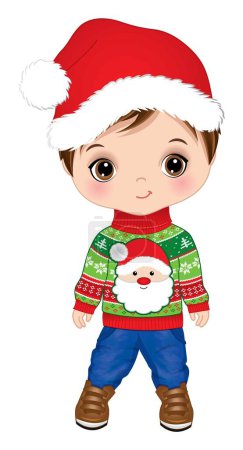 Illustration for Cute boy wearing Christmas ugly sweater, jeans, boots and Santa Claus hat. Toddler boy is brunette with hazel eyes. Christmas boy vector illustration - Royalty Free Image