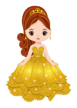 Beautiful, young girl celebrating sweet 16 or Quinceanera 15 birthday. Teen girl is redheaded with hazel eyes wearing gold long dress, tiara and earrings. Quinceanera vector illustration