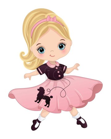 Illustration for Cute little girl wearing retro poodle skirt, headband, bobby socks and shoes dancing rock and roll. Girl is blond with ponytail and blue eyes. Sock hop party vector illustration - Royalty Free Image