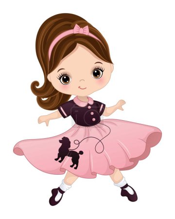 Illustration for Cute little girl wearing retro poodle skirt, headband, bobby socks and shoes dancing rock and roll. Girl is brunette with ponytail and hazel eyes. Sock hop party vector illustration - Royalty Free Image