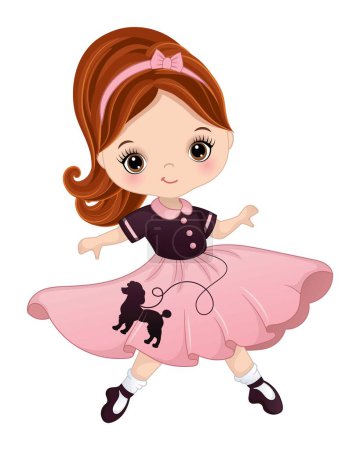 Illustration for Cute little girl wearing retro poodle skirt, headband, bobby socks and shoes dancing rock and roll. Girl is redheaded with ponytail and hazel eyes. Sock hop party vector illustration - Royalty Free Image