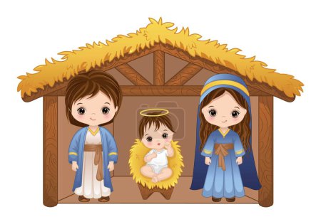 Ilustración de Belén con el bebé Jesús, María y José en establo. Belén con ilustración de vectores sagrados de la familia - Imagen libre de derechos