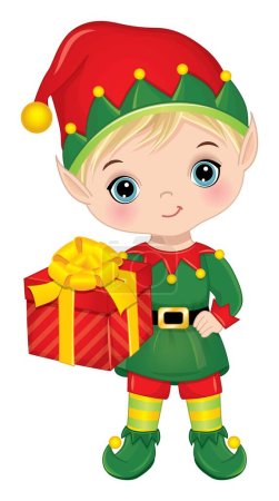 Illustration for Cute elf boy wearing green and red costume, hat, shoes and striped stockings. Elf boy is blond with blue eyes, holding Christmas gift box. Elf boy vector illustration - Royalty Free Image