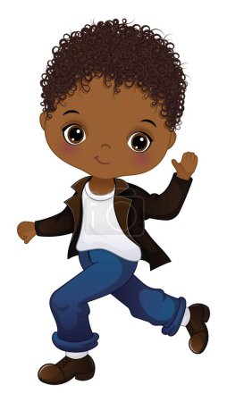 Illustration for Cute little black boy wearing retro jacket, shirt, jeans and shoes dancing rock and roll. Afro boy is curly. Sock hop party vector illustration - Royalty Free Image