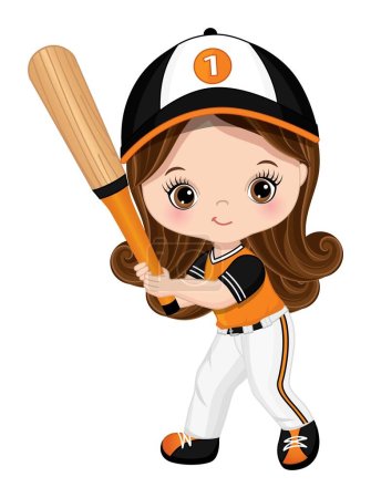 Cute little girl is brunette with hazel eyes wearing black, white and orange sport uniform playing baseball. Little girl hitting baseball bat. Baseball player vector illustration