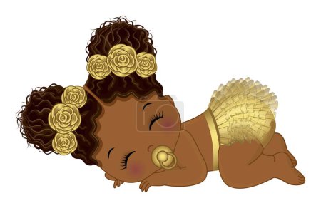 Cute little African American baby girl wearing gold ruffle diaper and floral headband. Black baby girl with two afro puffs and pacifier sleeping. Afro girl baby shower vector illustration