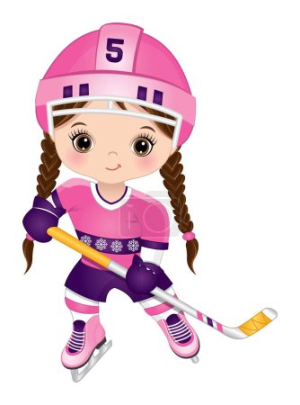 Illustration for Vector cute little girl wearing pink and purple sport uniform playing hockey. Little girl is brunette with hazel eyes and pigtails. Hockey player vector illustration - Royalty Free Image