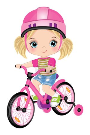 Illustration for Cute girl wearing t-shirt, denim shorts, helmet and sport keds learning to ride bicycle. Caucasian girl is brunette with pigtails an hazel eyes. Little girl riding bike vector illustration - Royalty Free Image