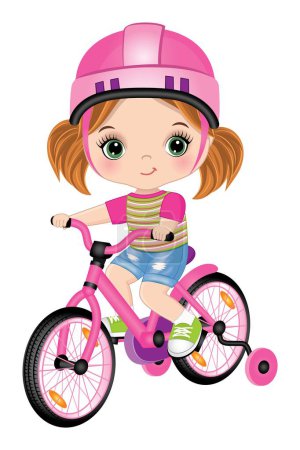 Illustration for Cute girl wearing t-shirt, denim shorts, helmet and sport keds learning to ride bicycle. Caucasian girl is redheaded with pigtails and green eyes. Little girl riding bike vector illustration - Royalty Free Image