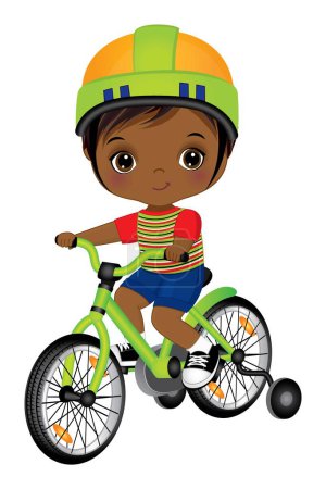 Illustration for Cute black boy wearing t-shirt, blue shorts, helmet and sport keds learning to ride bicycle. African American boy with straight hair. Little black boy riding bike vector illustration - Royalty Free Image