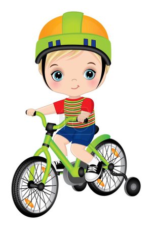 Illustration for Cute girl wearing t-shirt, blue shorts, helmet and sport keds learning to ride bicycle. Caucasian boy is blond with blue eyes. Little boy riding bike vector illustration - Royalty Free Image