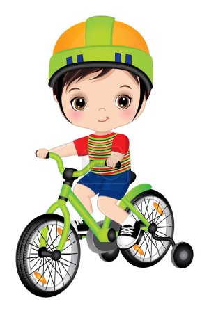 Illustration for Cute girl wearing t-shirt, blue shorts, helmet and sport keds learning to ride bicycle. Caucasian boy is dark-haired with hazel eyes. Little boy riding bike vector illustration - Royalty Free Image