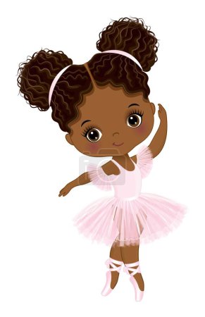 Cute African American ballerina dancing. Black ballerina wearing pastel pink tutu dress and pointe shoes. Little ballerina with two afro puffs. African American ballerina vector illustration