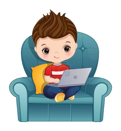 Cute toddler boy with laptop doing homeschooling. Little boy wearing t-shirt, jeans and sneakers sitting. Schoolboy is brunette with hazel eyes. Online distance learning vector illustration 