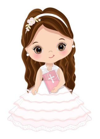 Cute little girl wearing communion lace white, pink dress and floral headband, holding holy bible and cross. Communion girl is brunette with long hair. Girl First Holy Communion vector illustration