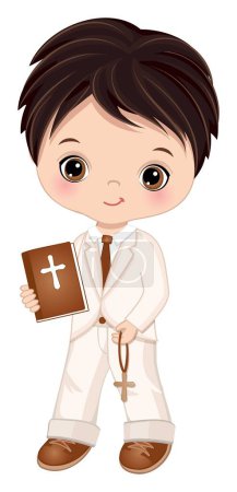 Cute little caucasian boy wearing ivory suit with tie, holding holy bible and catholic cross rosary. Communion boy is dark-haired with hazel eyes. Boy First Holy Communion vector illustration 