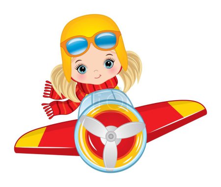 Illustration for Little cute girl learning to fly in airplane. Caucasian girl is blond with pigtails and blue eyes. Pilot girl vector illustration - Royalty Free Image