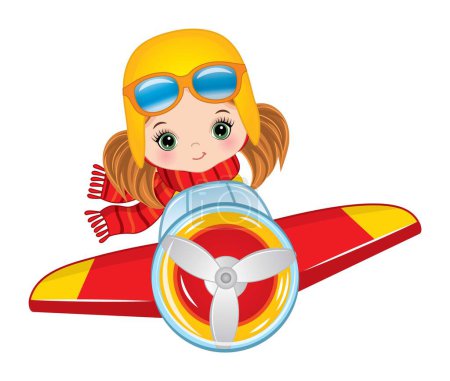 Illustration for Little cute girl learning to fly in airplane. Caucasian girl is redheaded with pigtails and green eyes. Pilot girl vector illustration - Royalty Free Image