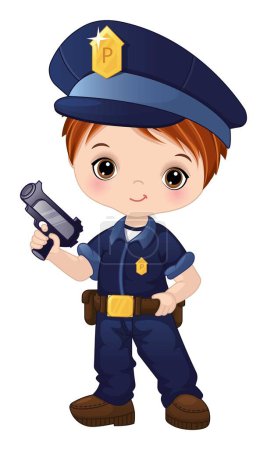Illustration for Little boy wearing navy policeman uniform, cap and boots. Cute boy is redhead with hazel eyes. Little policeman vector illustration - Royalty Free Image