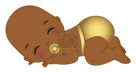 Cute little African American baby boy wearing gold diaper. Black baby boy is bald with pacifier sleeping. Afro boy baby shower vector illustration
