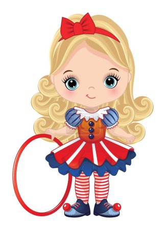 Cute little girl wearing red, blue and white clown costume, striped stockings and shoes holding hoop. Caucasian girl is blond with long hair and blue eyes. Circus ringmaster vector illustration