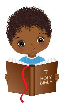 Mignon petit garçon noir étudiant la sainte bible. Afro boy est bouclé. Garçon afro-américain avec illustration vectorielle de bible