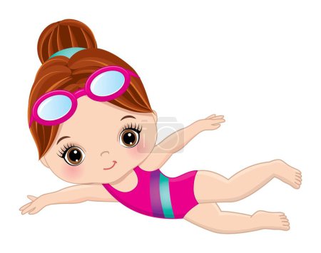 Illustration for Cute girl in pink swimsuit and goggles learning to swim. Caucasian little is redheaded with bun and hazel eyes. Little swimmer vector illustration - Royalty Free Image