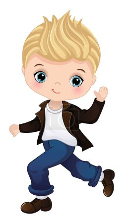 Illustration for Cute little boy wearing retro jacket, shirt, jeans and shoes dancing rock and roll. Caucasian boy is blond with blue eyes. Sock hop party vector illustration - Royalty Free Image