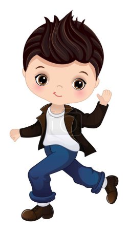 Illustration for Cute little boy wearing retro jacket, shirt, jeans and shoes dancing rock and roll. Caucasian boy is dark-haired with hazel eyes. Sock hop party vector illustration - Royalty Free Image