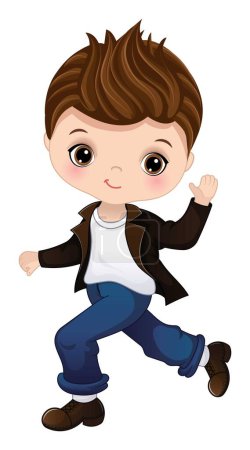 Cute little boy wearing retro jacket, shirt, jeans and shoes dancing rock and roll. Caucasian boy is brunette with hazel eyes. Sock hop party vector illustration