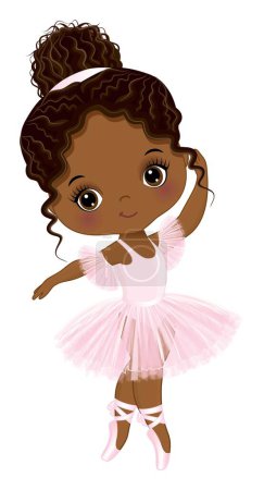 Cute African American ballerina dancing. Black ballerina wearing pastel pink tutu dress and pointe shoes. Little ballerina with afro puff. African American ballerina vector illustration