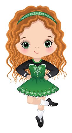 Téléchargez les illustrations : Jolie petite fille portant une robe celtique traditionnelle exécutant la danse irlandaise. La petite fille est rousse avec de longs cheveux bouclés et les yeux verts. Illustration vectorielle danseuse irlandaise - en licence libre de droit