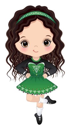 Téléchargez les illustrations : Jolie petite fille portant une robe celtique traditionnelle exécutant la danse irlandaise. La petite fille est brune avec de longs cheveux bouclés et les yeux noisette. Illustration vectorielle danseuse irlandaise - en licence libre de droit
