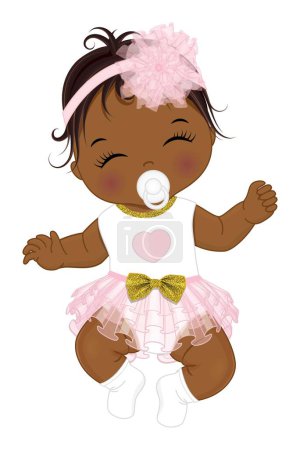 Téléchargez les illustrations : Jolie petite fille afro-américaine portant une robe à volants rose et blanche avec un arc doré et un bandeau floral. Afro fille avec sucette, dormir. Illustration vectorielle fille bébé douche - en licence libre de droit
