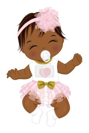 Cute little African American baby girl wearing pink and white ruffle dress with golden bow and floral headband. Afro girl with pacifier, sleeping. Girl baby shower vector illustration