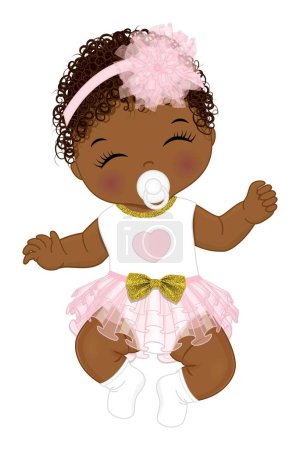Téléchargez les illustrations : Jolie petite fille afro-américaine portant une robe à volants rose et blanche avec arc doré et bandeau floral, dormant. La petite fille noire est bouclée. Illustration vectorielle fille bébé douche - en licence libre de droit