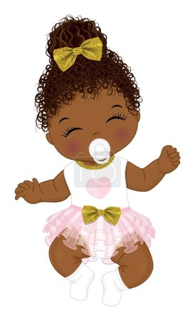 Cute little African American baby girl wearing pink and white ruffle dress and golden bow, sleeping. Black baby girl is curly with afro puff. Girl baby shower vector illustration