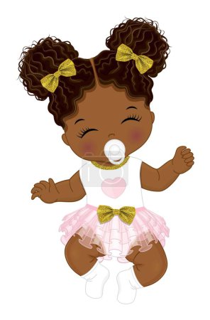 Téléchargez les illustrations : Jolie petite fille afro-américaine portant une robe à volants rose et blanche avec un arc doré, dormant. Bébé fille noire est bouclée avec des bouffées afro. Illustration vectorielle fille bébé douche - en licence libre de droit