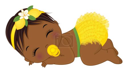 Nettes afroamerikanisches Mädchen mit gelber Rüschenwindel und Stirnband mit Zitronen. Schwarzes Mädchen mit Schnuller im Schlaf. Mädchen Baby Dusche Vektor Illustration