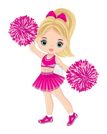 Illustration for Vector beautiful teen cheerleader wearing pink sport dress dancing with pom poms. Cheerleader girl is blond with blue eyes and ponytail. Cheerleader vector illustration - Royalty Free Image