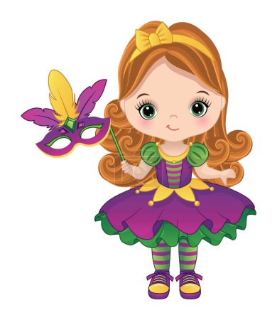 Ilustración de Linda chica Mardi Gras usando carnaval púrpura, oro y traje verde sosteniendo máscara de plumas. Chica caucásica es pelirroja con el pelo largo y rizado y ojos verdes. Mardi Gras chica vector ilustración - Imagen libre de derechos