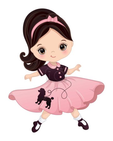Cute little girl wearing retro poodle skirt, headband, bobby socks and shoes dancing rock and roll. Girl is dark-haired with ponytail and hazel eyes. Sock hop party vector illustration