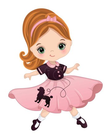 Illustration for Cute little girl wearing retro poodle skirt, headband, bobby socks and shoes dancing rock and roll. Girl is redheaded with ponytail and green eyes. Sock hop party vector illustration - Royalty Free Image