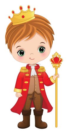 Téléchargez les illustrations : Mignon petit prince vêtu d'un manteau rouge et d'une couronne dorée, tenant sceptre. Le petit prince est roux aux yeux verts. Illustration vectorielle Prince - en licence libre de droit