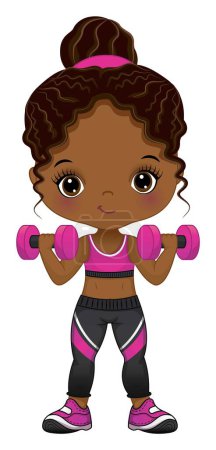 Cute little African American girl wearing pink and black sport leggings, top, sneakers doing workout. Afro girl with bun. Fitness black girl with dumbbells vector illustration